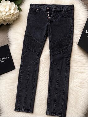 Balmain Men's Slim Black Moto-Style Jeans